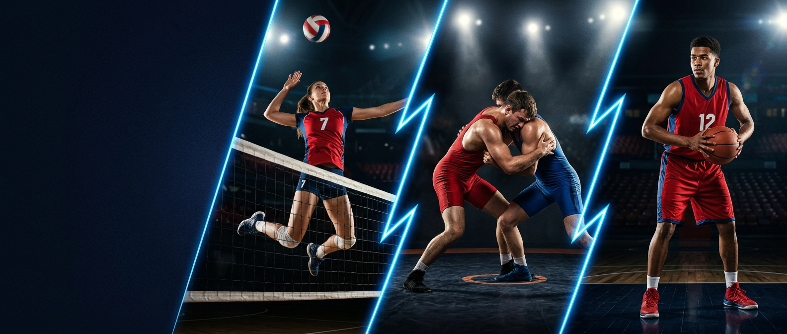 Volleyball, wrestling, and basketball athletes in action